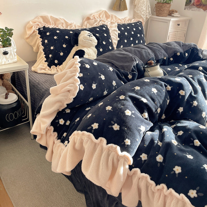 Rüsch-Plüsch Wendbare Bettwäsche Set mit Cartoon-Hase Druck und Flanell Kissenbezügen