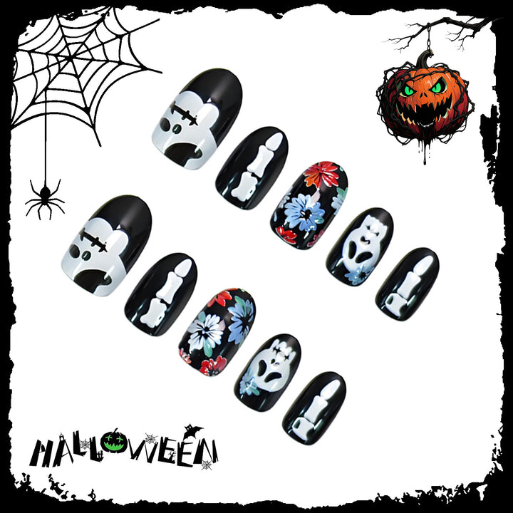 Kunstnagelset mit gruseligen Halloween-Motiven und floralen Verzierungen Karnz