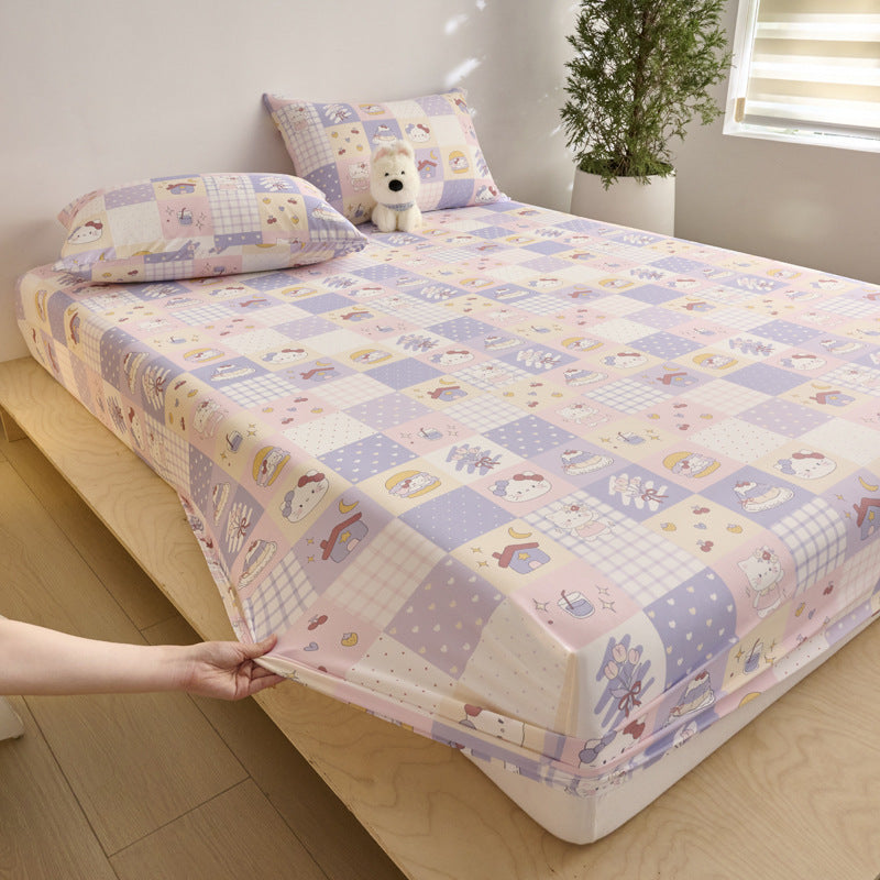 Spannbettlaken- und Kissenbezug-Set für Kinder aus weichem Baumwoll-Jersey mit Karomuster und Teddy-Print