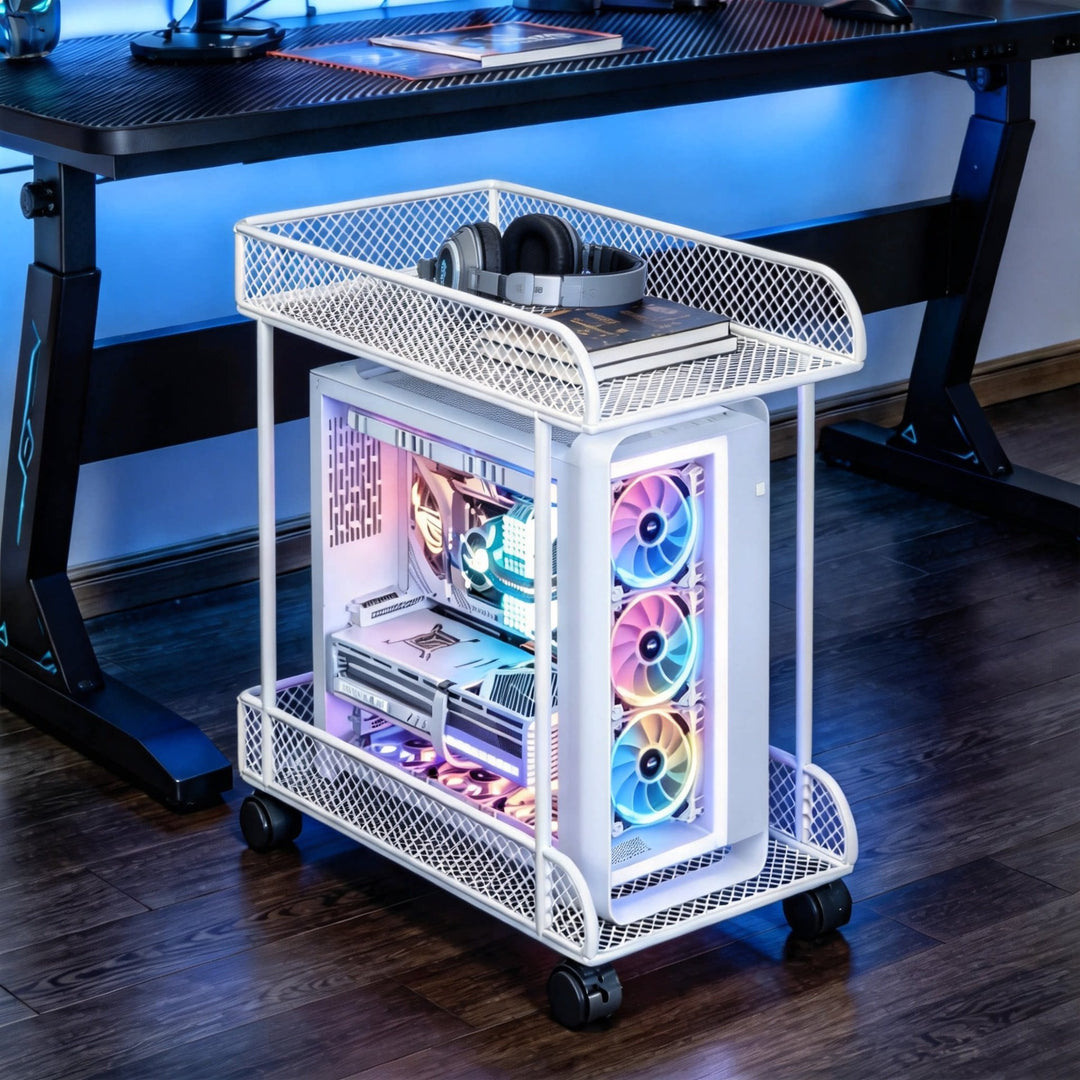 Untertisch-Roll-PC-Tower-Ständer mit Netzablage und verriegelbaren Rollen