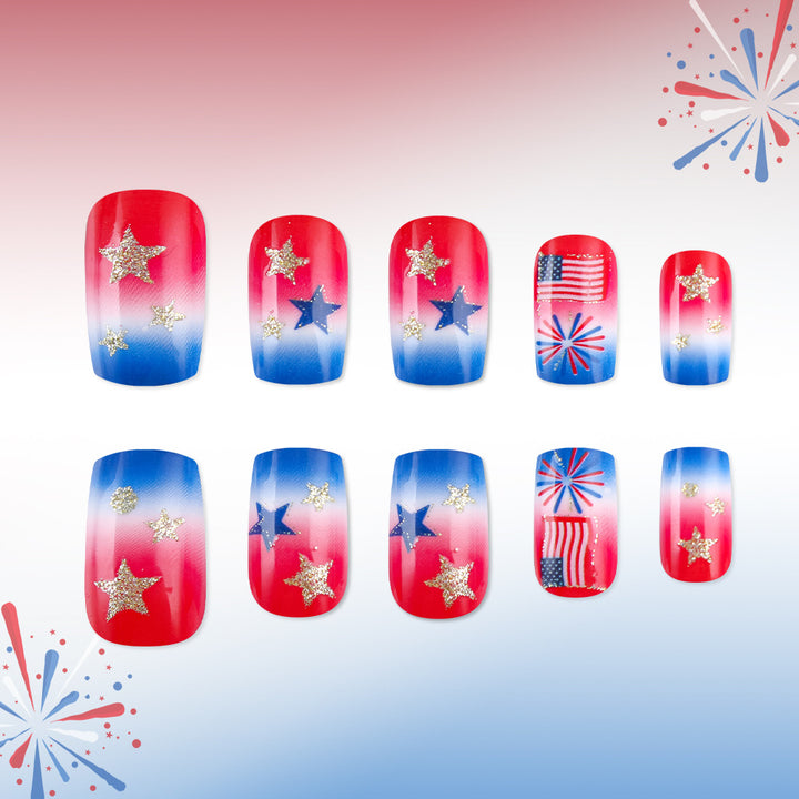 Thematische Nagelkunst mit funkeltenden Sternen und Streifen Karnz