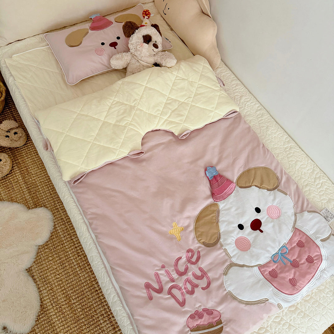 Quilted Toddler Nap Sleeping Bag with Appliqué Puppy Pillowcase