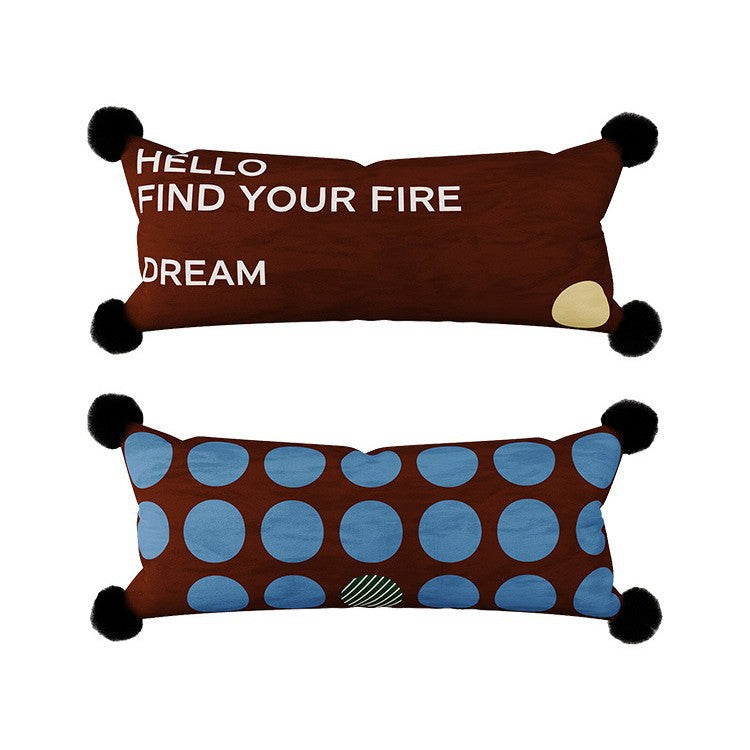 Decorative Long Lumbar Velvet Pillow with Checkerboard Jacquard, Pom-Pom Corners and Patchwork Accents