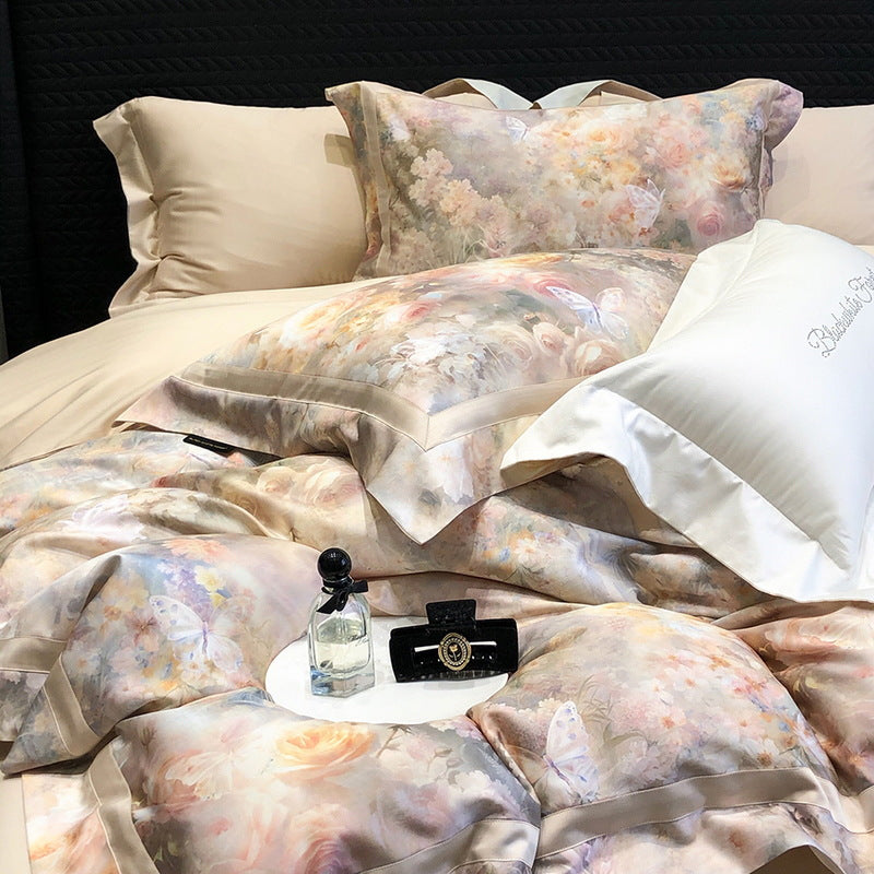 Bettwäsche-Set aus Baumwollsatin mit künstlerischem Aquarellmuster und dezenter Kedernaht
