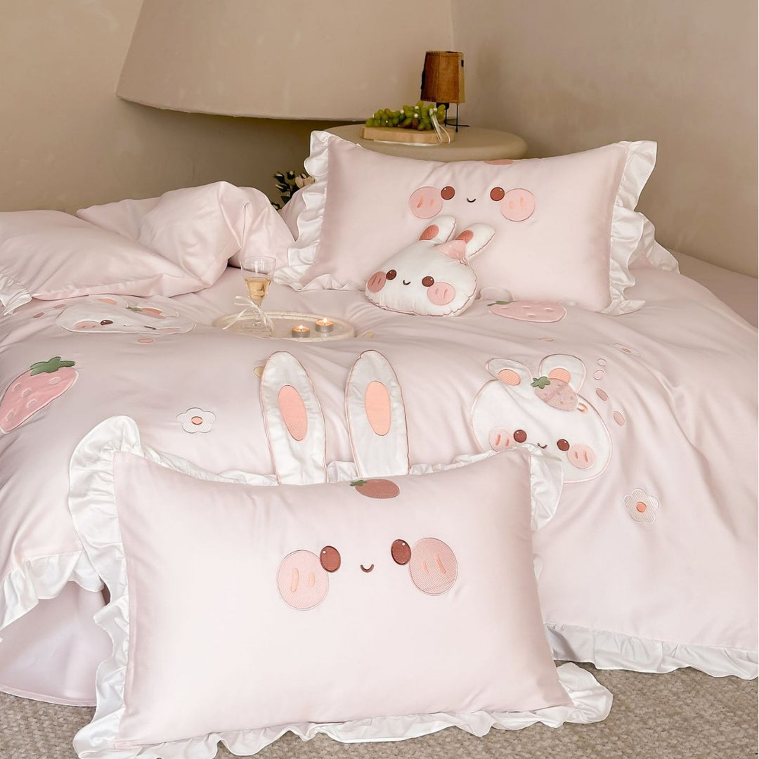 Rüschende Baumwollsateen-Kaninchen-Applikation Bettbezug-Set mit Ohr-Kissenbezügen