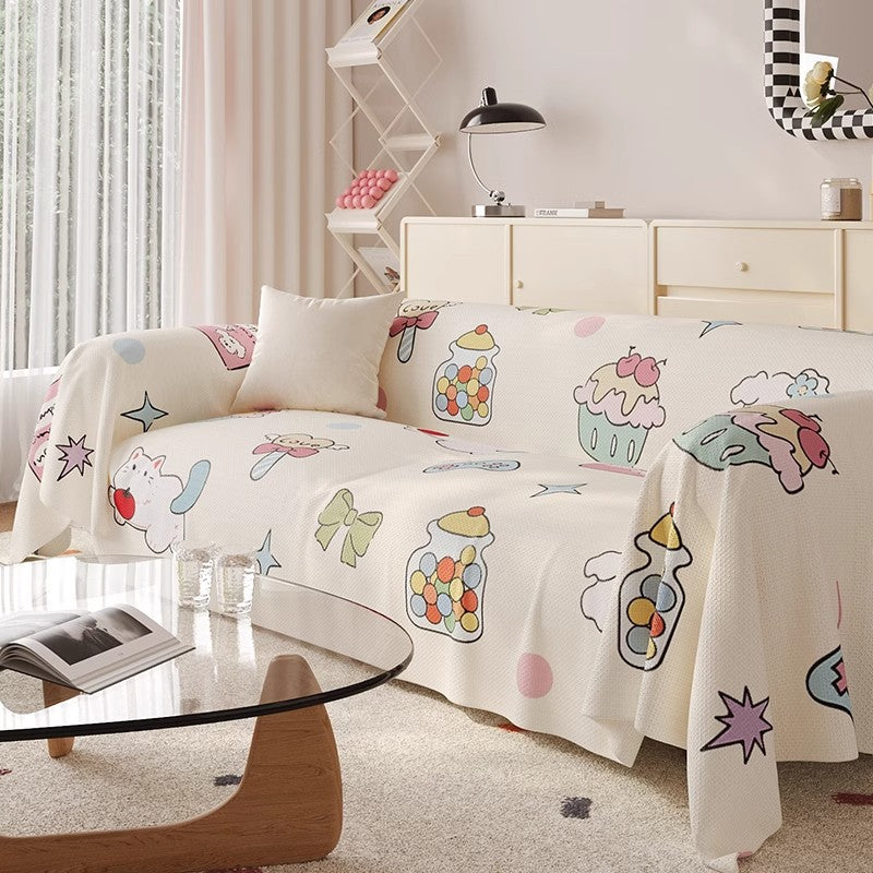 Decorative Cotton-Linen Kawaii Candy and Cat Print Sofa Slipcover