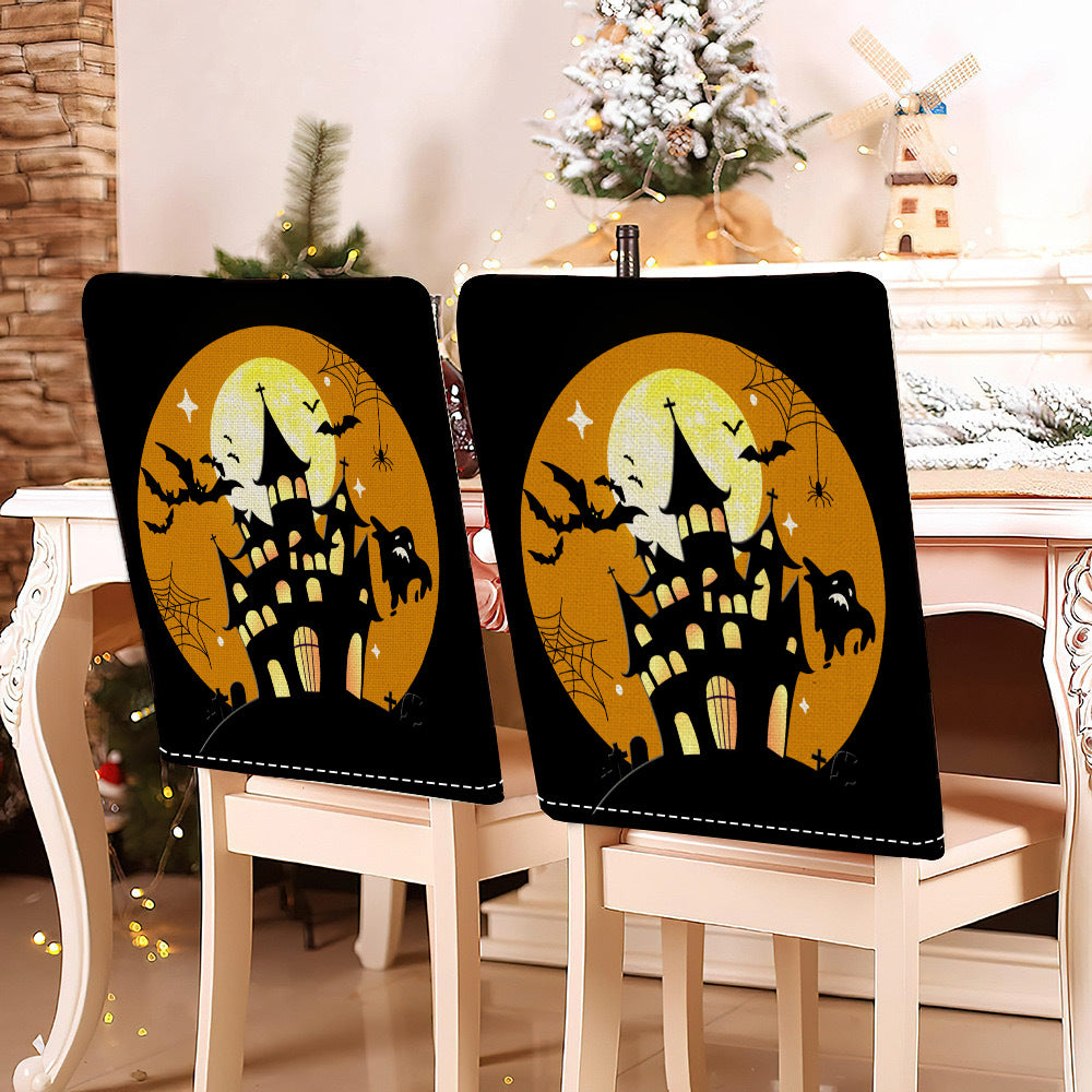 festliche Halloween-Stuhlhussen aus dehnbarem Polyester mit Hexenhut- und Schriftzug-Motiv