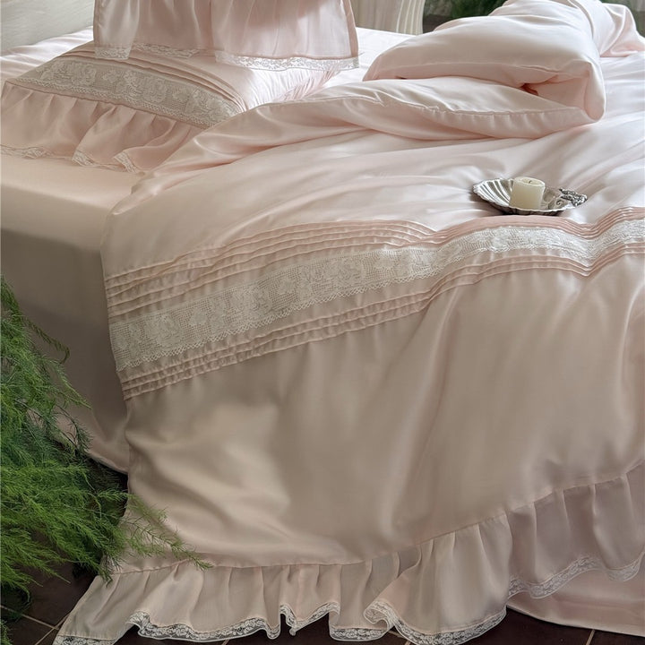 Luxuriöses Satin Rüschenteil mit Spitzenbesatz Bettbezug Set