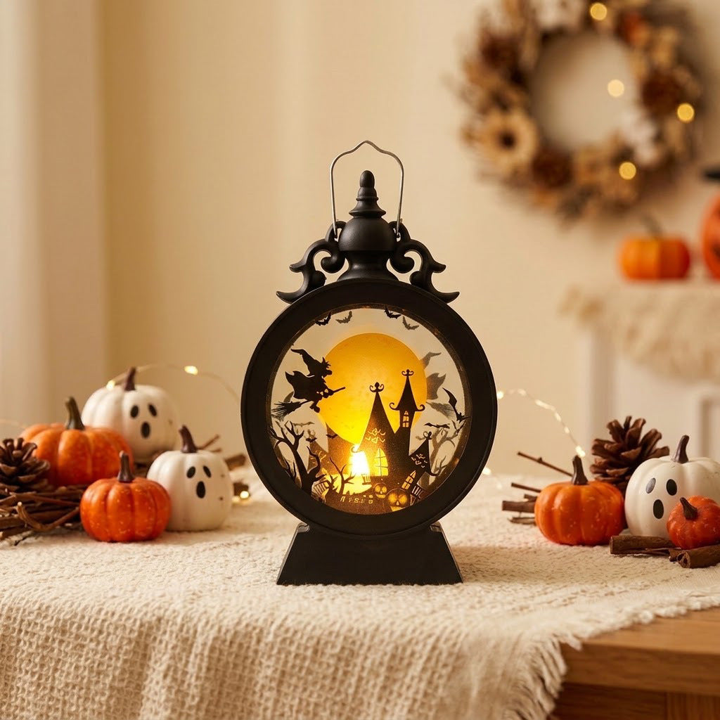 LED-Deko-Tischlaterne mit Halloween-Silhouetten und warmweißem Leuchten