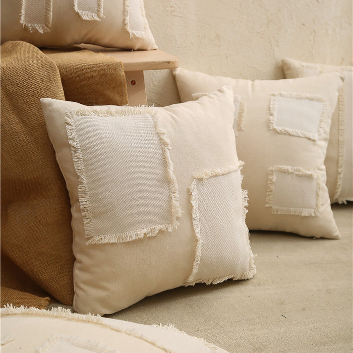 Fringed Patchwork Leinen-Mischung Quadrat Dekorative Wurfkissenbezug