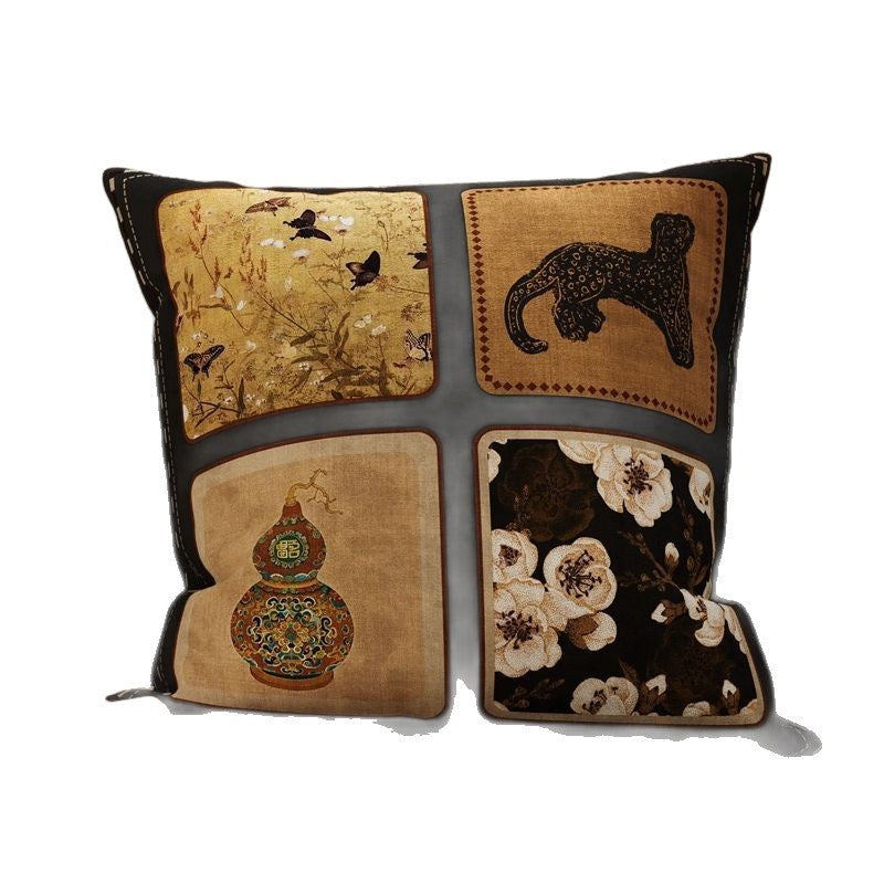 Decorative Patchwork Velvet Throw Pillow Cover with Asian-Inspired Scenic Panels and Metallic Gold Accents