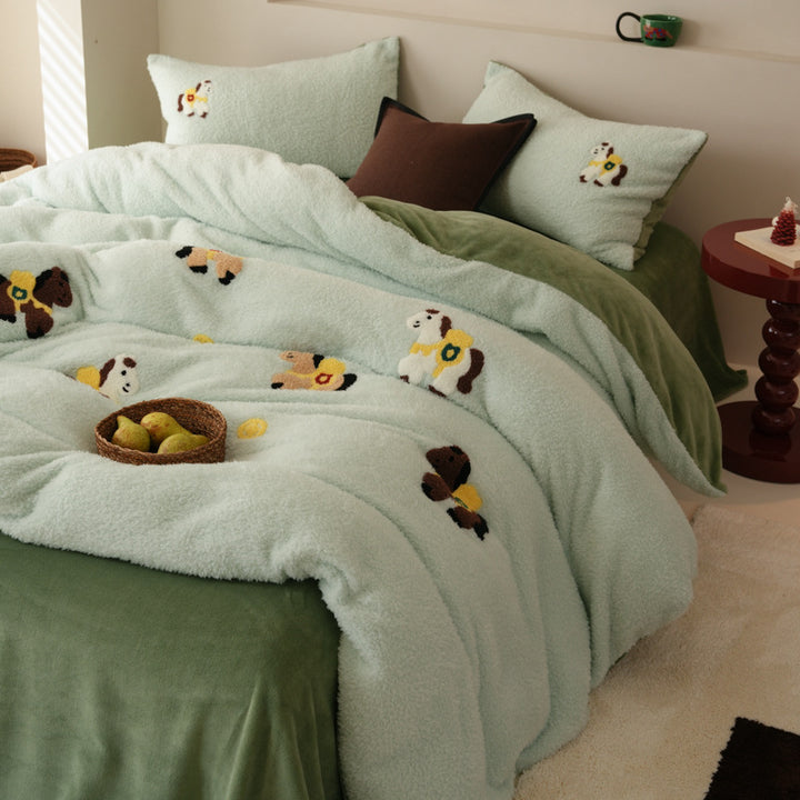 Plüsch Sherpa Besticktes Cartoon Hund Bettbezug Set