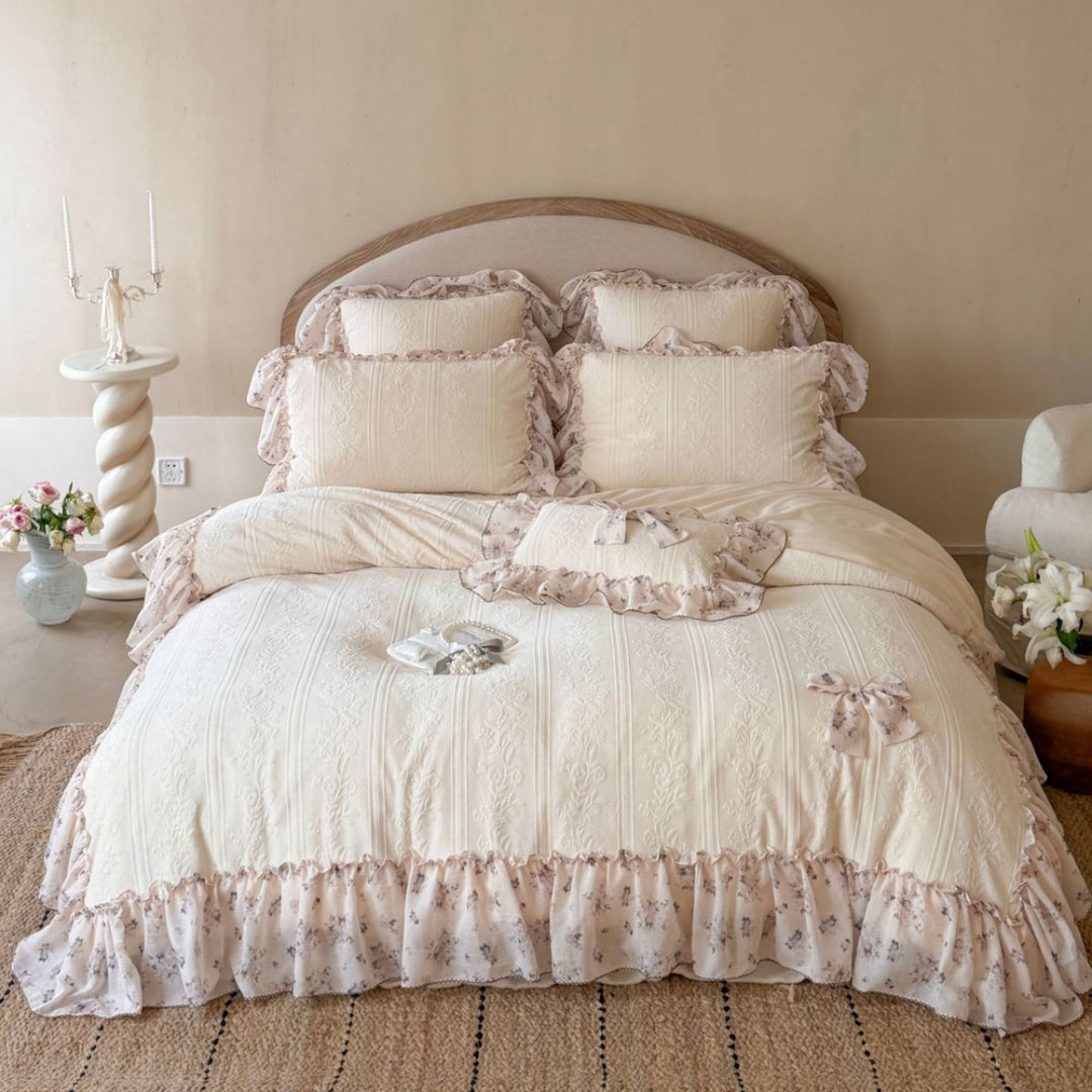 Rüsch Blumenbestickte Baumwollbettwäsche Set