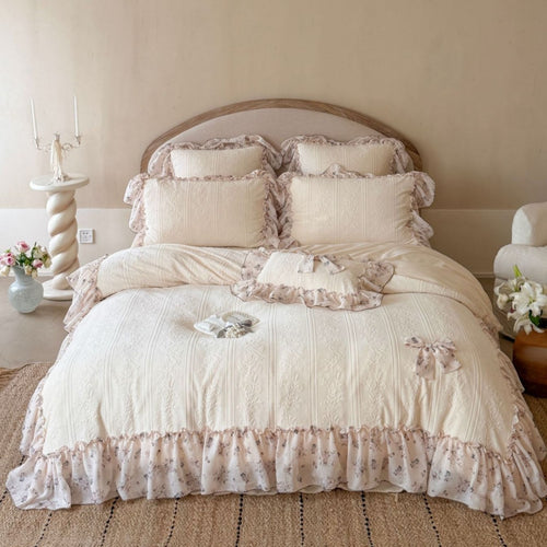 Rüsch Blumenbestickte Baumwollbettwäsche Set