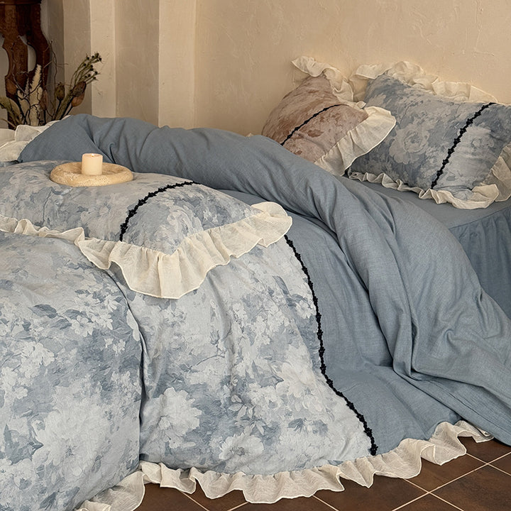 Gewaschenes Leinen-Feeling Floral Bettwäsche-Set mit Rüschengaze-Besatz und Spitzenverzierung Kissenbezüge