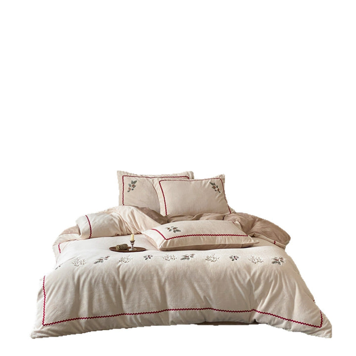 Bestickte botanische Leinen Bettbezug Set mit gewelltem roten Paspel