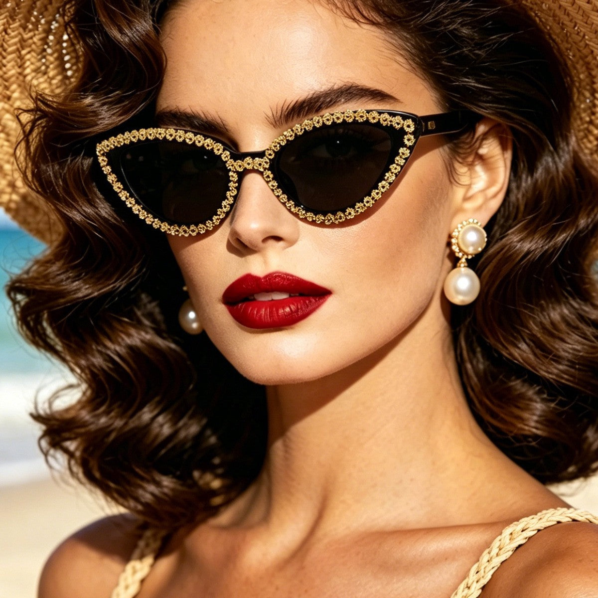 Damen Glamouröse Cat-Eye-Sonnenbrille mit funkelnden Blumenakzenten Karnz