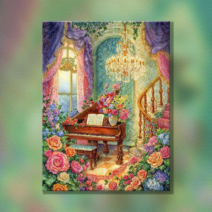 Elegante Blumen Klavier Szene Wandkunst Karnz