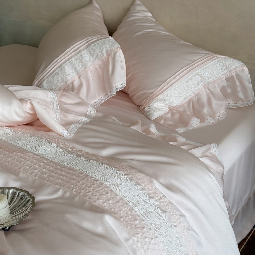 Luxuriöses Satin Rüschenteil mit Spitzenbesatz Bettbezug Set