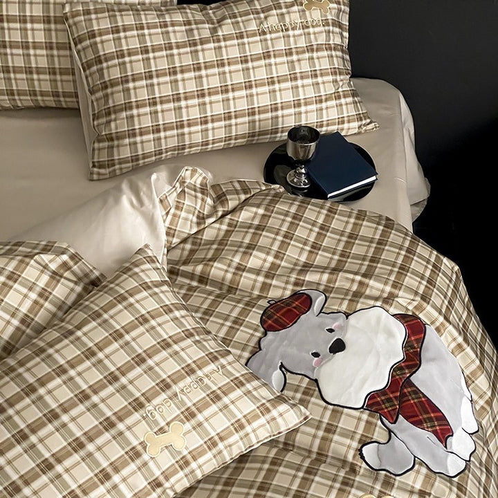Kariertes Baumwoll-Perkal-Bettwäsche-Set mit tartan-appliziertem Bärenrelief