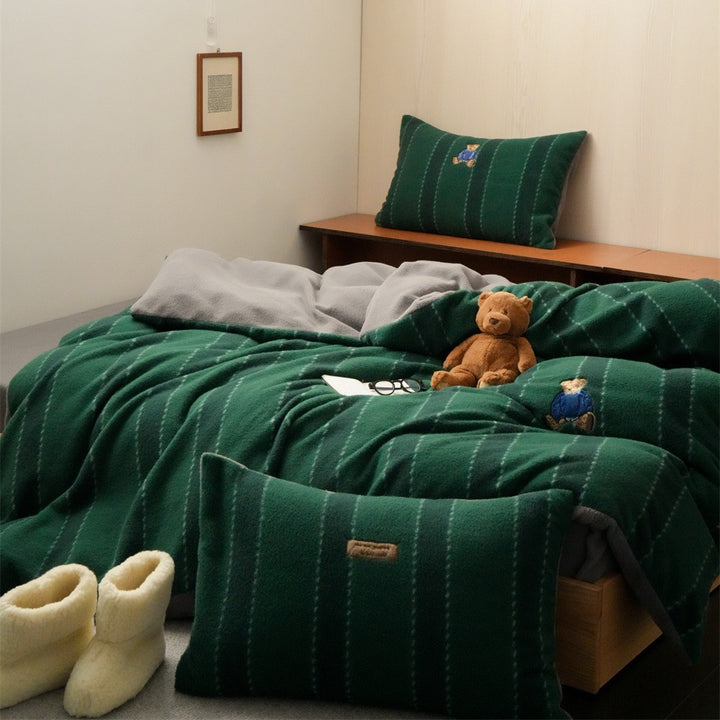 Reversible Plush Fleece Striped Duvet Cover Set with Embroidered Teddy Pillow Shams