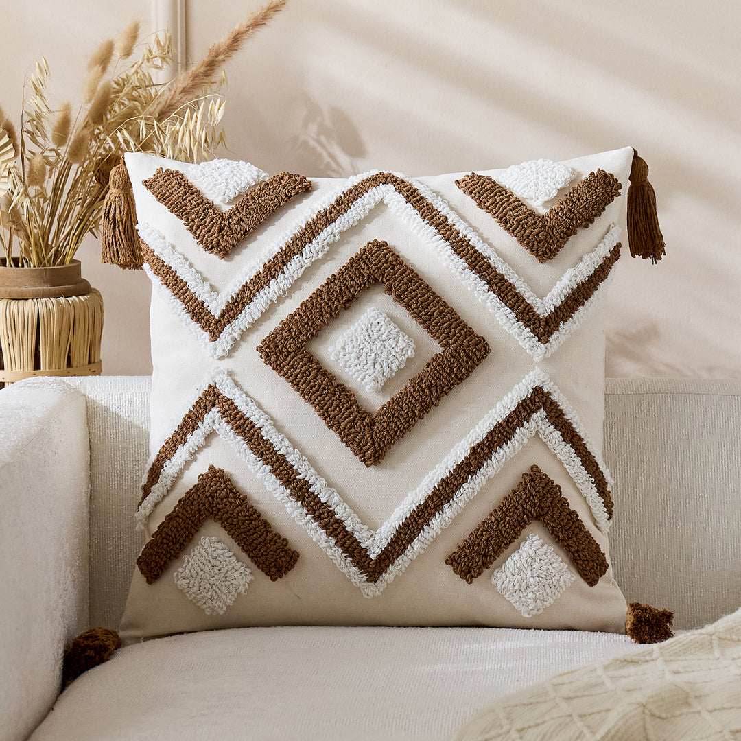 Geknotet Geometrisch Boho Quadratisches Wurfkissenbezug mit Eckenquasten und verstecktem Reißverschluss