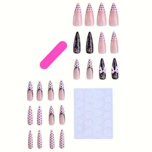 Elegante Stiletto Press-On Nagelset mit Spitzen- und Schleifenmuster Karnz