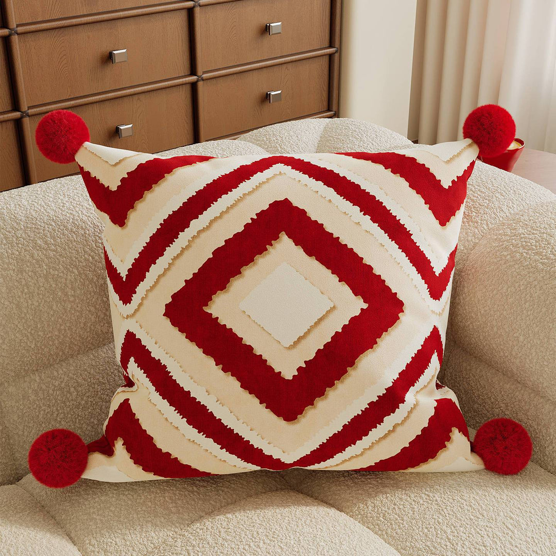 Decorative Plush Checkered Throw Pillow Cover with Corner Pom-Poms and Good Luck Rocking Horse Motif