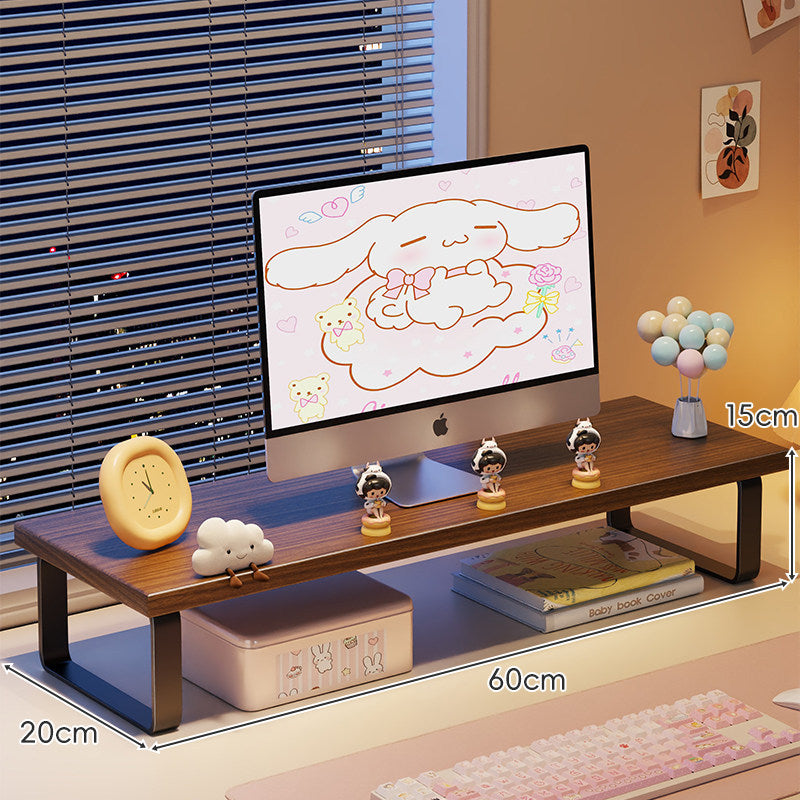Kompakte Holz-Desktop-Monitorerhöhung mit Metallbeinen und unterer Ablagefläche