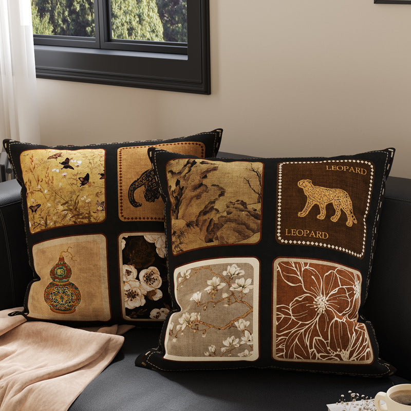 Decorative Patchwork Velvet Throw Pillow Cover with Asian-Inspired Scenic Panels and Metallic Gold Accents