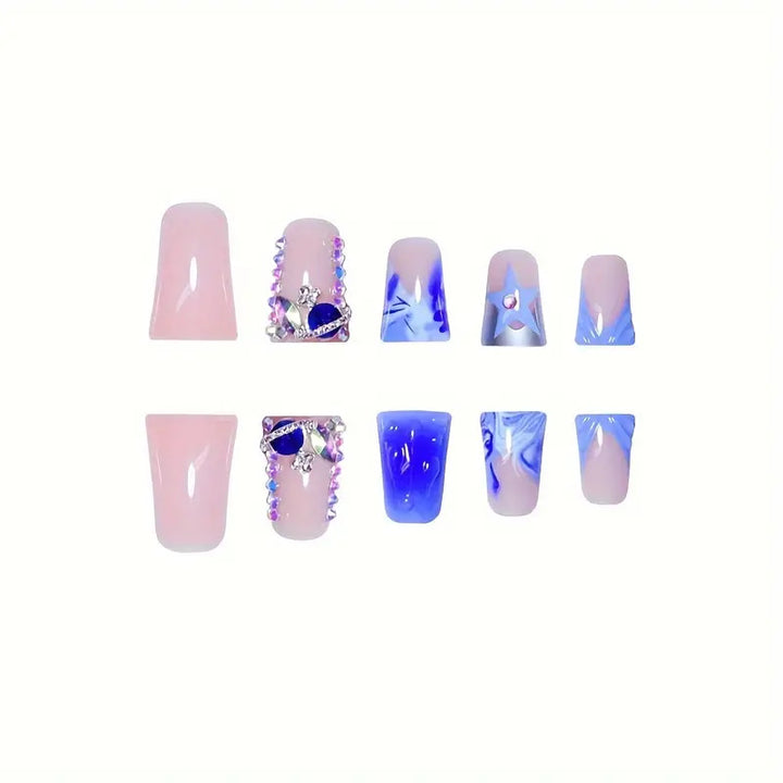 Künstlerisches Acryl Press-On Nagelset mit Edelsteinakzenten Karnz