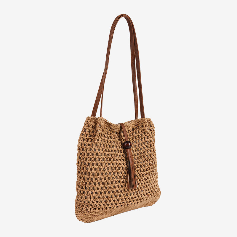 Damen Henkeltasche aus handgearbeitetem Makramee mit stylischem Lederriemen Karnz