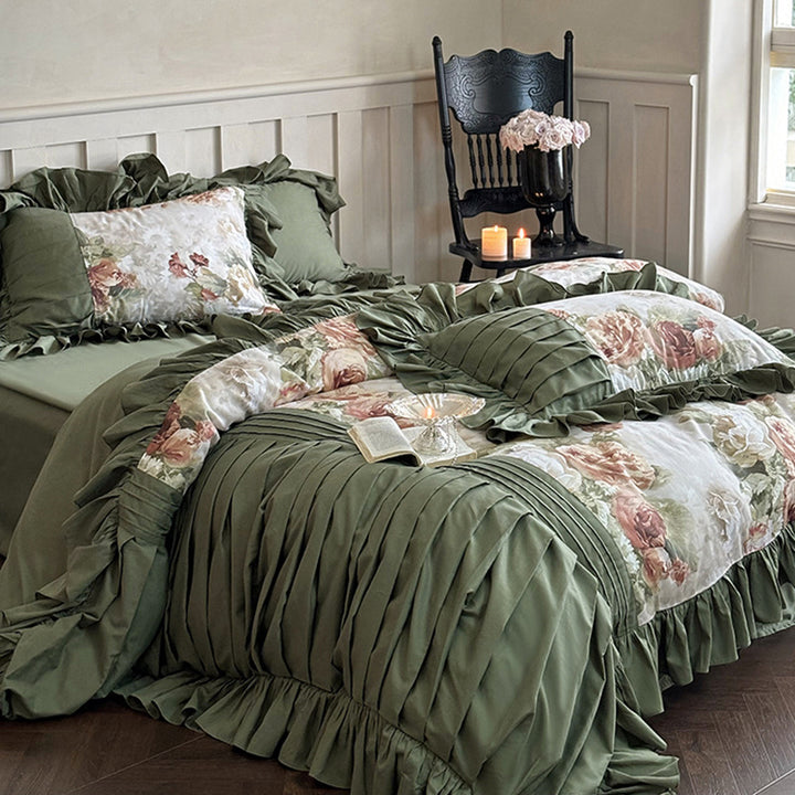 Luxuriöses Bettwäsche-Set aus Baumwollsatin mit Rüschen und Vintage-Rosenmuster