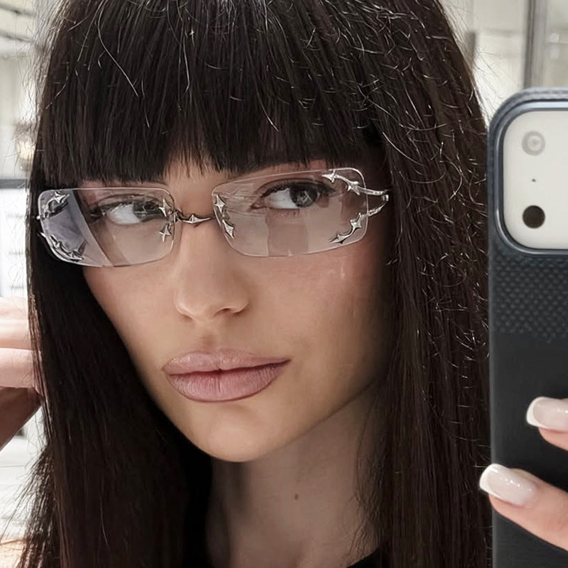 Damen modische Sonnenbrille mit filigranem Metallrahmen und transparenten Gläsern Karnz