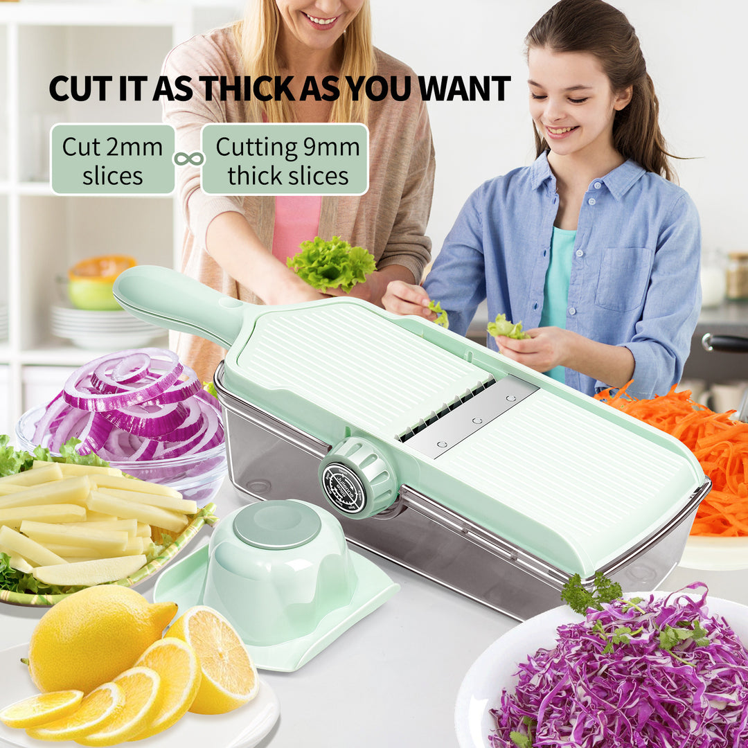 Adjustable Mandoline Slicer with Built-In Collection Container and Safety Hand Guard