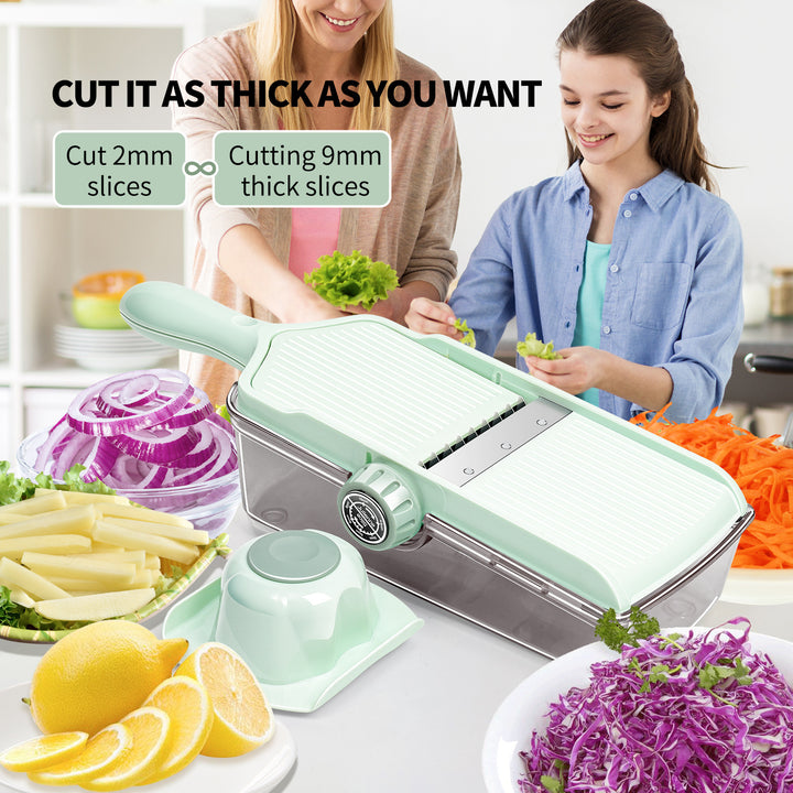 Adjustable Mandoline Slicer with Built-In Collection Container and Safety Hand Guard