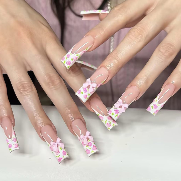 Floral Bow-Design Lange Press-On Nägel Karnz
