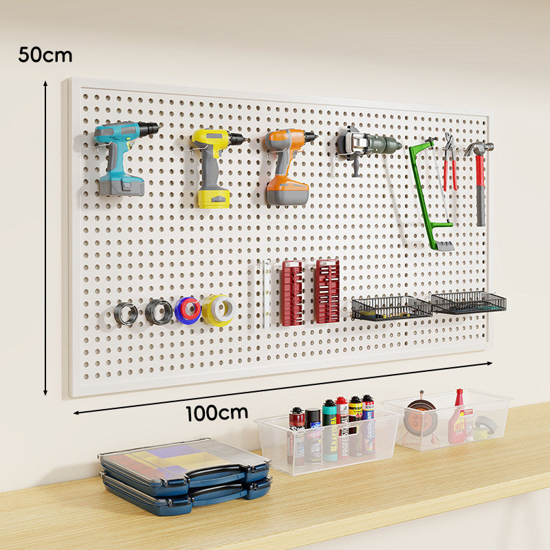 Wandmontierter Lochblech-Werkzeug-Pegboard-Organizer mit modularen Haken und Drahtkörben