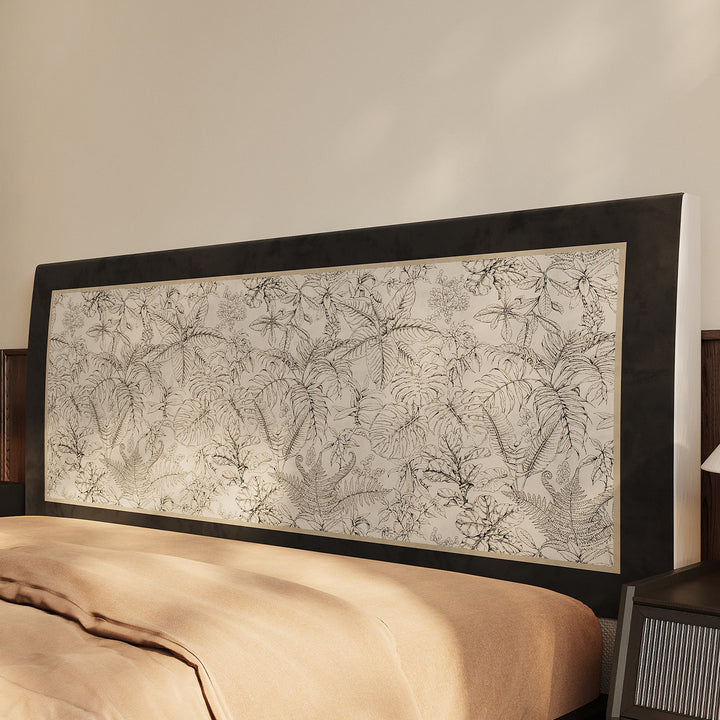 Removable Quilted Upholstered Headboard Slipcover with Framed Toile Floral Panel