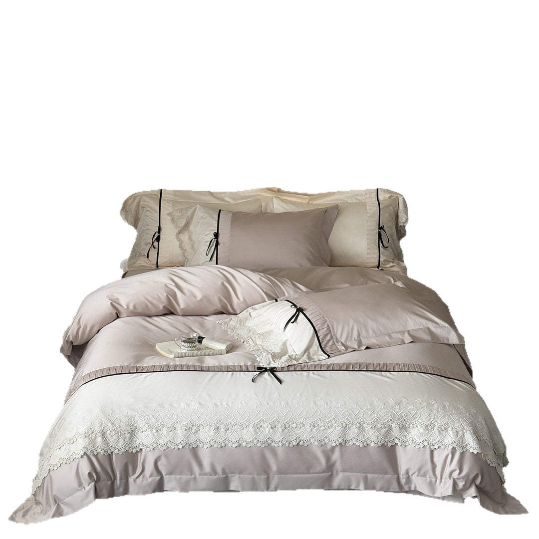 Romantic Lace-Trim Satin-Feel Duvet Cover Set with Bow-Tie Ribbon Accents