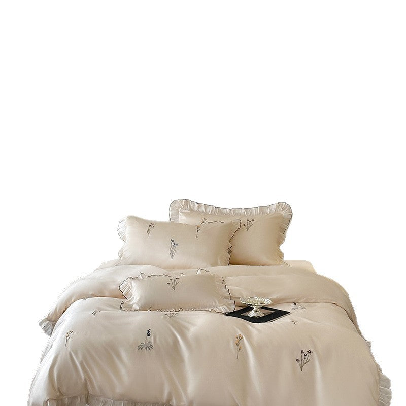 Besticktes wendbares Satin-Bettbezug-Set mit dekorativen Kissenbezügen