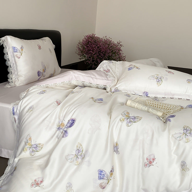 Bettwäsche-Set aus Satin mit Schmetterlingsmuster und Spitzenrand