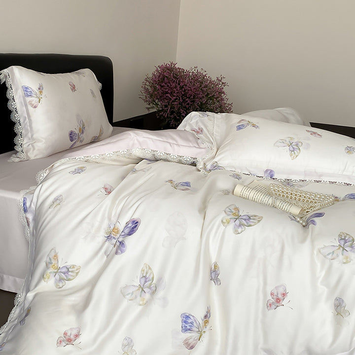Bettwäsche-Set aus Satin mit Schmetterlingsmuster und Spitzenrand