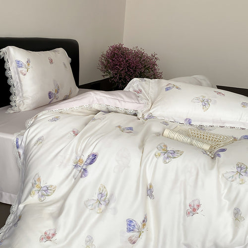 Bettwäsche-Set aus Satin mit Schmetterlingsmuster und Spitzenrand