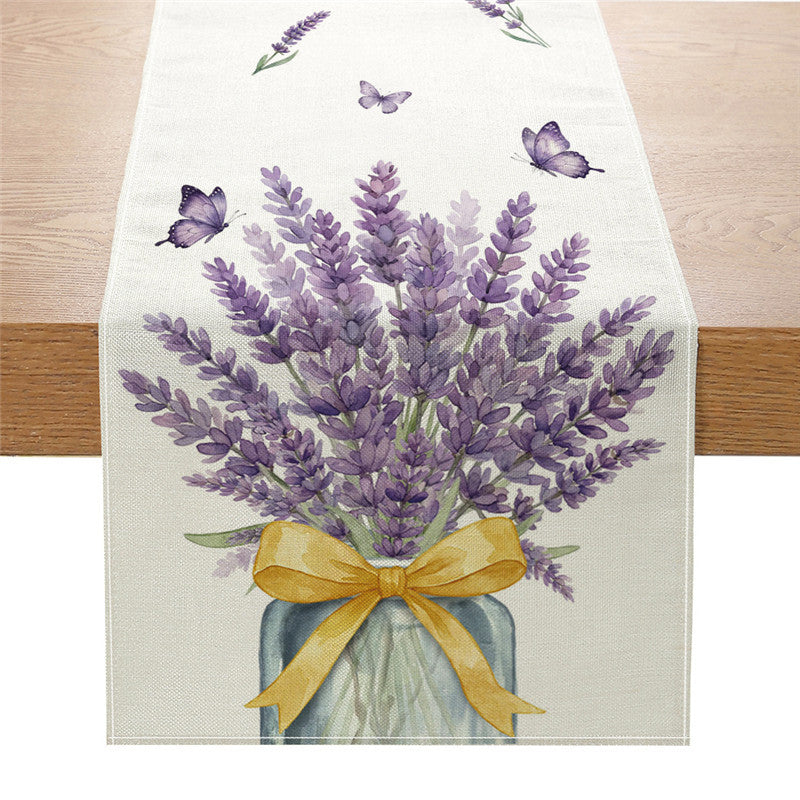 Dekorativer Baumwoll-Leinen Frühlings-Blumen Tischläufer mit rustikalem Holz-Querstück und Sonnenblumen-Druck