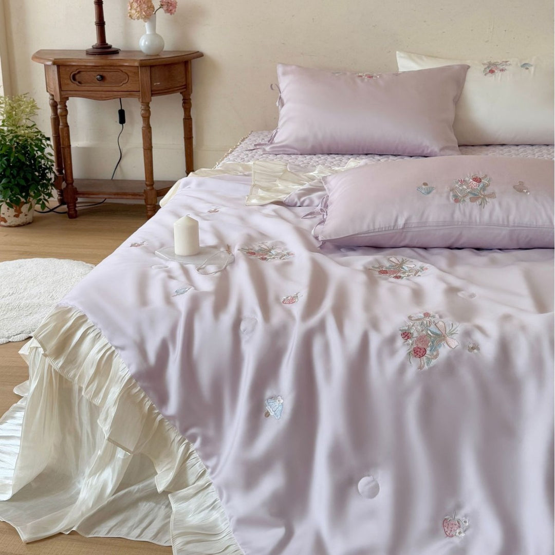 Luxury Satin Embroidered Ruffled Duvet Cover Set