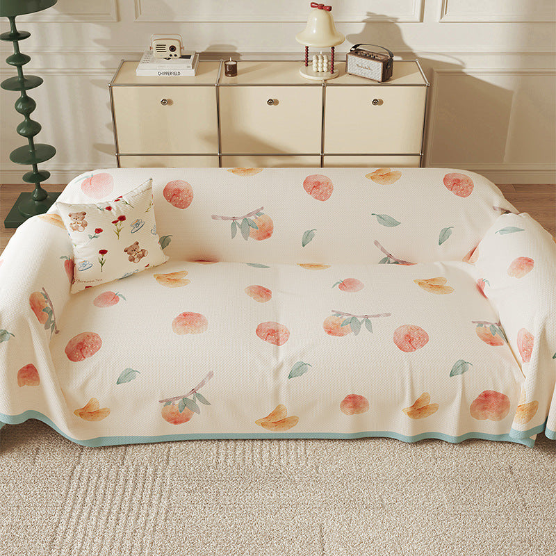 Quilted Peach-Print Sofa Slipcover Throw with Textured Waffle Weave
