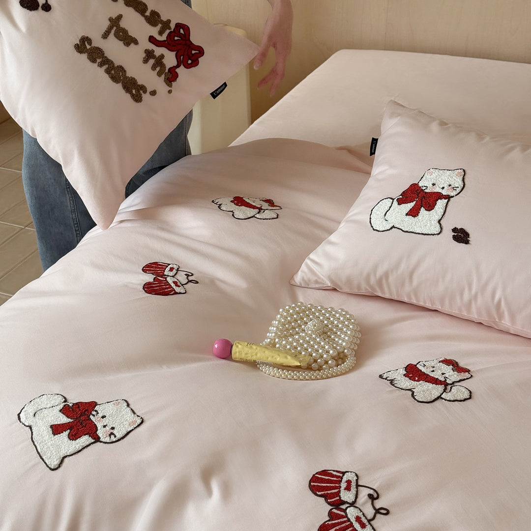 Bestickte Baumwoll-Bettbezug-Sets mit niedlichem Katzenmotiv