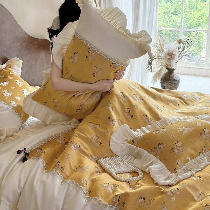 Rüschen Satin-Trim Quilt Bettbezug Set mit Spitzen-Einsätzen