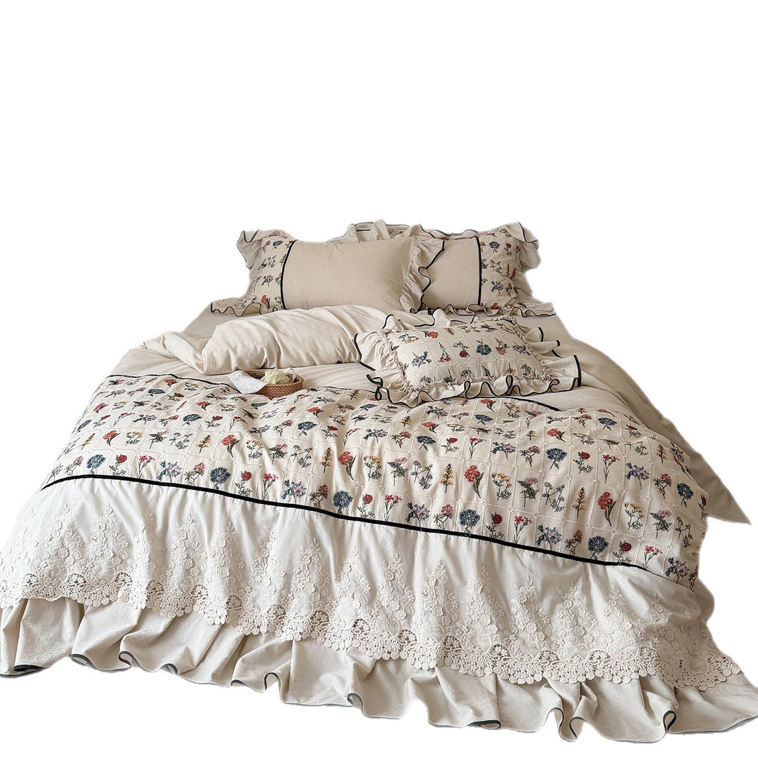 Boho-Bettwäsche-Set mit gesticktem Blumenmuster und Volantkissen Karnz